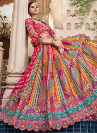 Multi Colour Banarasi Silk Lehenga Choli with Cut and Embroidered Work