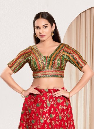 Multi Colour Brocade Blouse with Embroidered, Mirror and Thread Work for Festival
