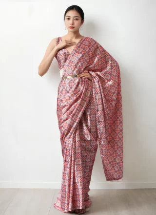 Multi Colour Chinon Contemporary Sari with Patch Border, Digital Print and Lace Work