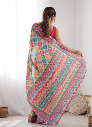 Multi Colour Chinon Digital Print and Mirror Work Contemporary Saree