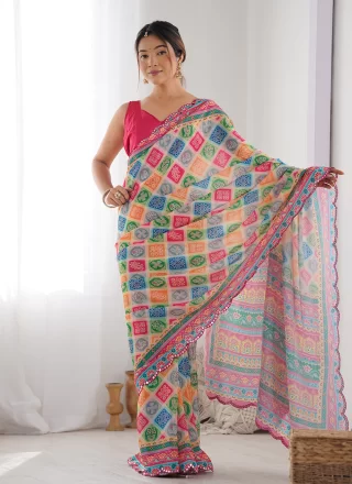 Multi Colour Chinon Digital Print and Mirror Work Contemporary Saree