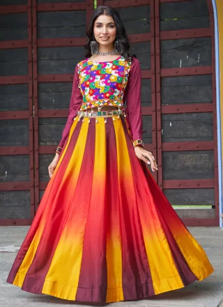 Multi Colour Chinon Embroidered and Gamthi Work Lehenga Choli for Ceremonial