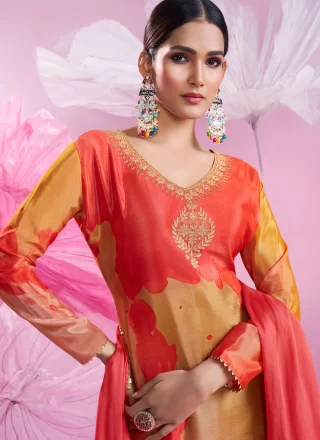 Multi Colour Chinon Embroidered, Print and Zari Work Readymade Salwar Suit