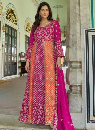 Multi Colour Chinon Gown with Embroidered, Stone and Zari Work