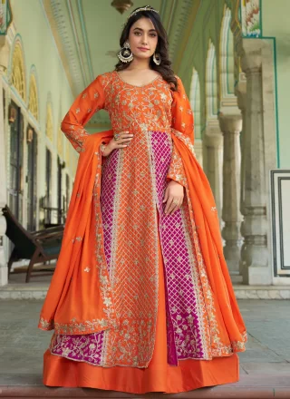 Multi Colour Chinon Readymade Lehenga Choli In Plain