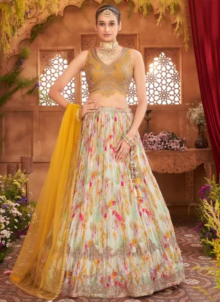 Multi Colour Chinon Readymade Lehenga Choli with Embroidered, Print and Zari Work