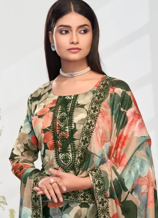 Multi Colour Cotton Digital Print and Embroidered Work Salwar Suit for Ceremonial