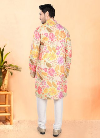 Multi Colour Cotton Kurta Pyjama with Foil Print Work