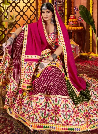 Multi Colour Cotton Readymade Lehenga Choli with Embroidered, Mirror, Print and Thread Work