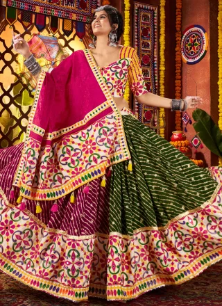 Multi Colour Cotton Readymade Lehenga Choli with Embroidered, Mirror, Print and Thread Work