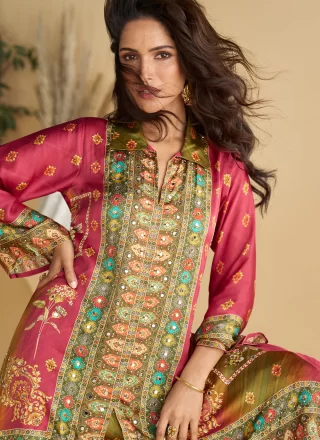 Multi Colour Crepe Silk Mirror Work Palazzo Salwar Suit for Ceremonial