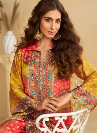 Multi Colour Crepe Silk Readymade Salwar Suit with Mirror Work for Ceremonial