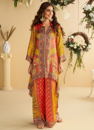 Multi Colour Crepe Silk Readymade Salwar Suit with Mirror Work for Ceremonial