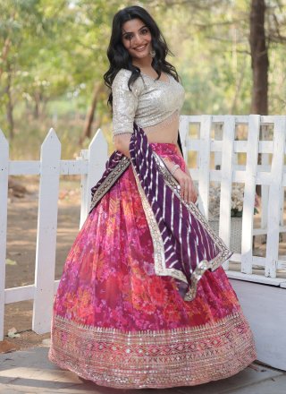 Multi Colour Faux Georgette Digital Print, Embroidered, Sequins and Thread Work Lehenga Choli Multi Colour Faux Georgette Digital Print, Embroidered, Sequins and Thread Work Lehenga Choli