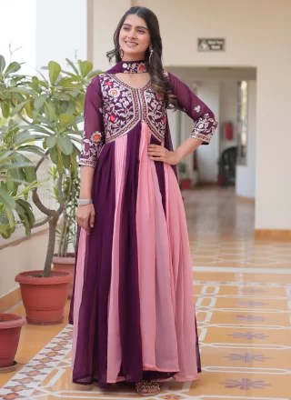 Multi Colour Faux Georgette Embroidered, Sequins and Thread Work Designer Gown for Ceremonial