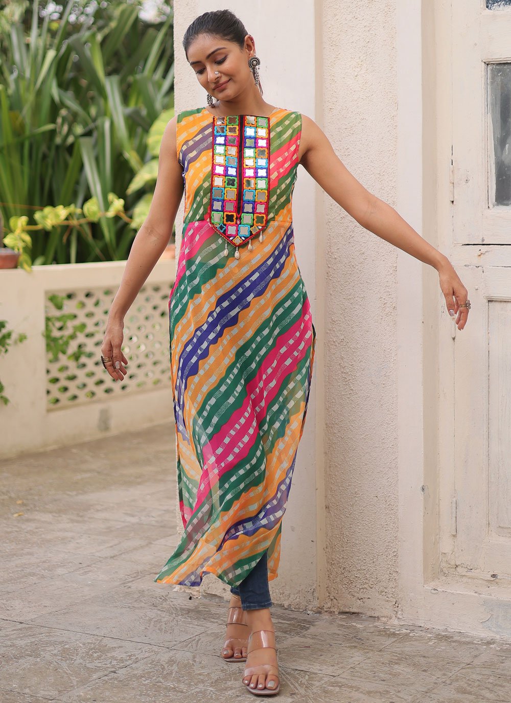 Buy Multi Colour Georgette Bandhej, Gamthi, Lace, Mirror and Print