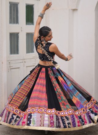 Multi Colour Georgette Embroidered, Gamthi and Print Work Readymade Lehenga Choli for Festival