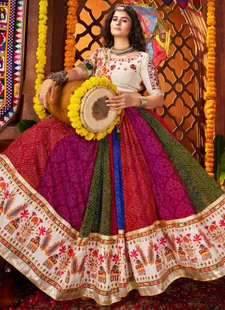Multi Colour Georgette Mirror and Print Work Lehenga Choli for Women