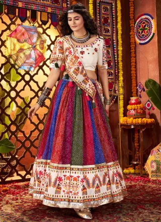Multi Colour Georgette Mirror and Print Work Lehenga Choli for Women
