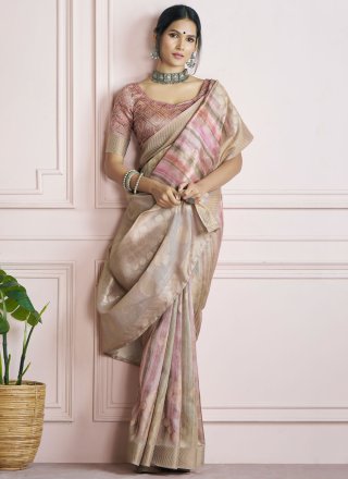 Multi Colour Handloom Silk Classic Sari with Patch Border, Digital Print and Zari Work for Ceremonial
