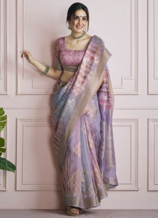 Multi Colour Handloom Silk Designer Saree with Patch Border, Digital Print and Zari Work