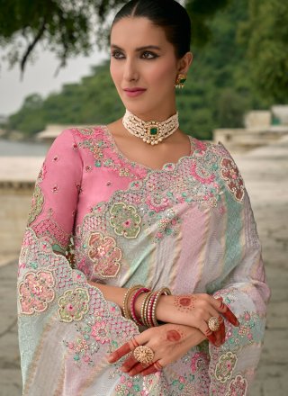 Multi Colour Jacquard Embroidered, Khatli, Sequins, Stone, Weaving and Zari Work Designer Sari