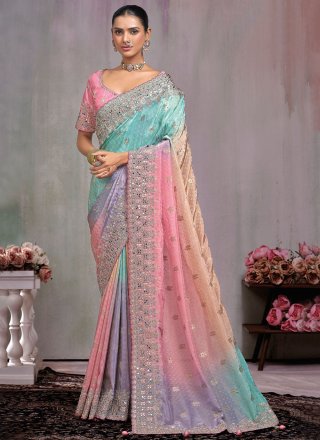Multi Colour Kanjivaram Silk Trendy Saree with Booti, Embroidered, Mirror, Moti, Zari and Zircon Work for Women