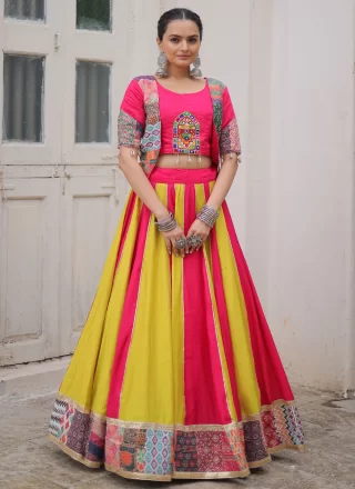 Multi Colour Lace and Print Work Silk Readymade Lehenga Choli