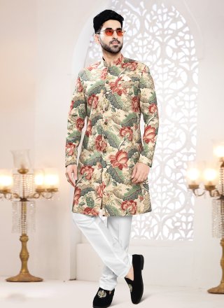 Multi Colour Linen Indo Western with Print Work for Ceremonial
