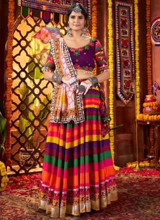 Multi Colour Muslin Mirror and Print Work Lehenga Choli for Festival