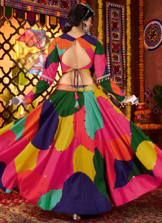 Multi Colour Muslin Mirror and Print Work Lehenga Choli for Festival