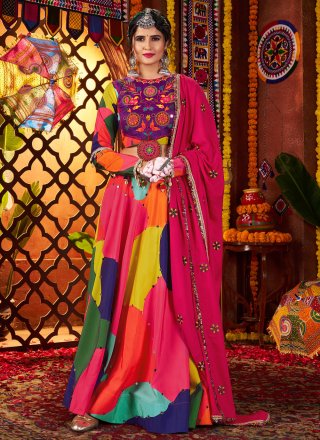 Multi Colour Muslin Mirror and Print Work Lehenga Choli for Festival