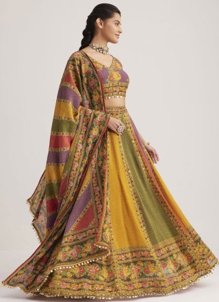 Multi Colour Organza Hand and Print Work Readymade Lehenga Choli for Festival