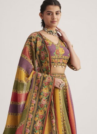 Multi Colour Organza Hand and Print Work Readymade Lehenga Choli for Festival