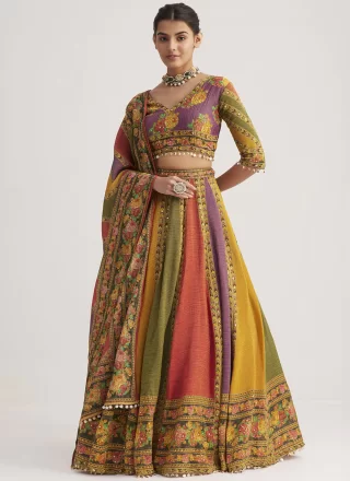 Multi Colour Organza Hand and Print Work Readymade Lehenga Choli for Festival