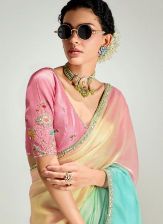 Multi Colour Organza Patch Border, Embroidered and Zari Work Designer Sari