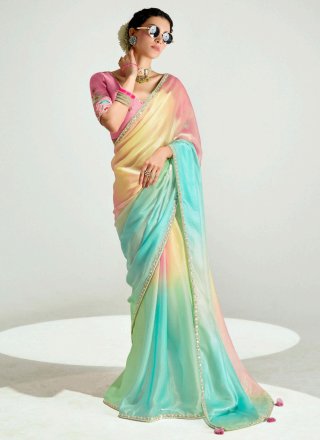 Multi Colour Organza Patch Border, Embroidered and Zari Work Designer Sari