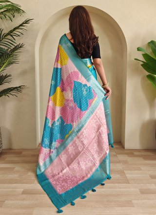 Multi Colour Print and Woven Work Georgette Contemporary Sari