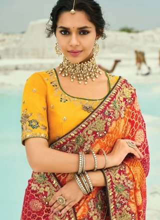 Multi Colour Pure Georgette Classic Saree with Bandhej, Cut Dana, Embroidered, Fancy, Moti and Zari Work