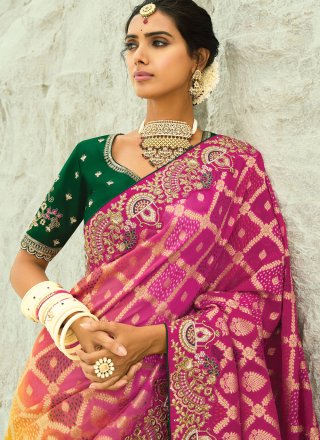 Multi Colour Pure Georgette Trendy Saree with Bandhej, Cut Dana, Embroidered, Fancy and Zari Work