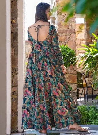 Multi Colour Rayon Designer Gown with Floral Patch Work
