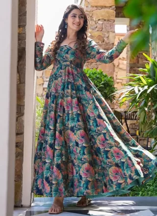 Multi Colour Rayon Designer Gown with Floral Patch Work