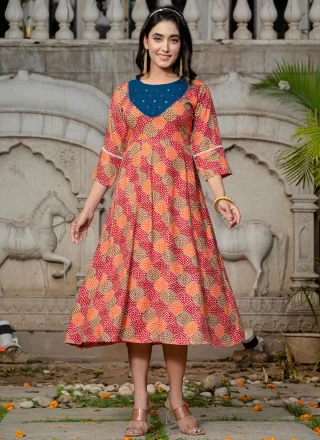 Multi Colour Rayon Embroidered and Print Work Casual Kurti