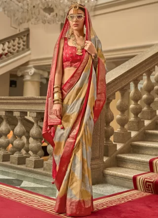 Multi Colour Satin Print and Weaving Work Traditional Saree