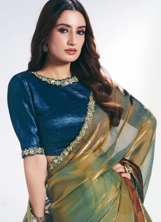 Multi Colour Satin Silk Patch Border, Cut, Print, Sequins and Stone Work Contemporary Saree