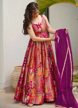 Multi Colour Silk Digital Print Work Gown for Ceremonial