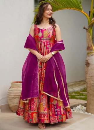 Multi Colour Silk Digital Print Work Gown for Ceremonial