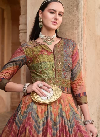 Multi Colour Silk Embroidered, Foil Print, Lace, Thread and Zari Work Gown for Ceremonial