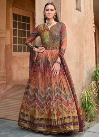 Multi Colour Silk Embroidered, Foil Print, Lace, Thread and Zari Work Gown for Ceremonial