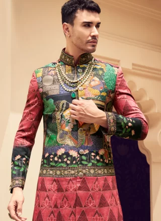Multi Colour Silk Foil Print and Hand Work Sherwani Mens Wear for Ceremonial